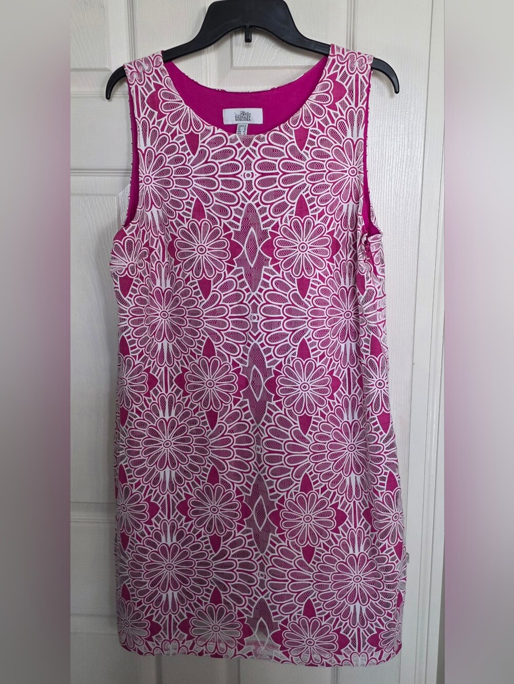Belle Badgley Mischka Fuchsia White Floral Lace-Overlay Mini Sleeveles Dress 14